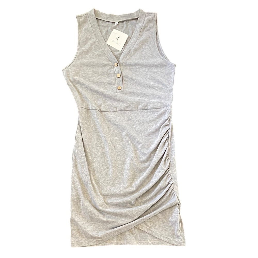Taylor‎ G Womens Heather Gray Ruched Henley Sleeveless Mini Dress Size M NWT